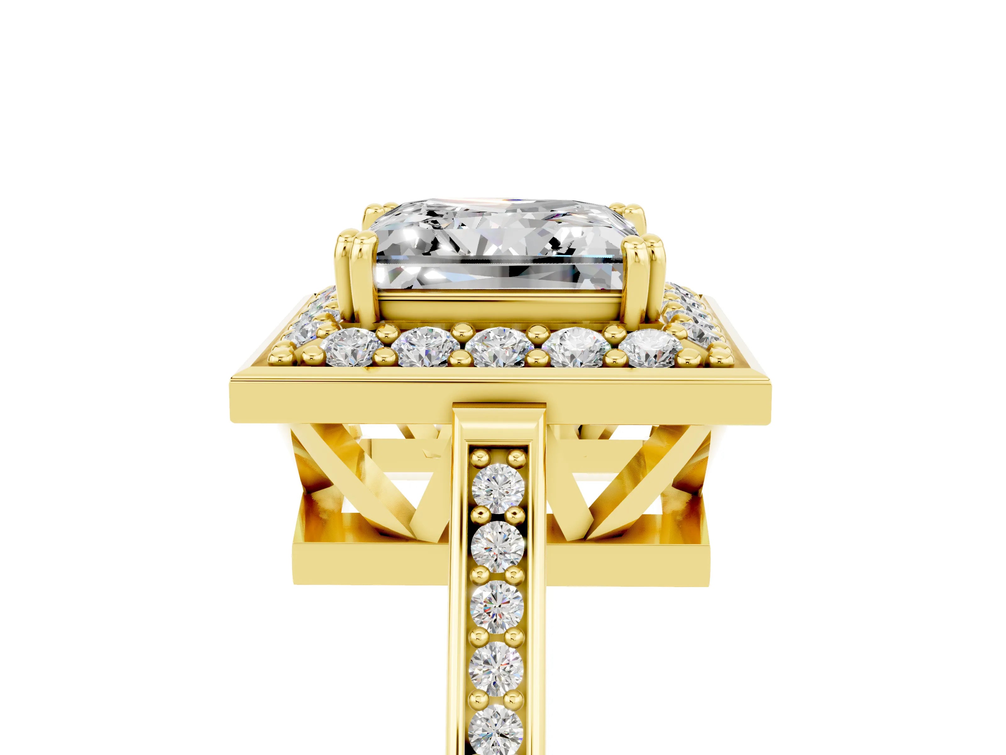 Yellow gold {shape_name} Moissanite Halo Ring with Split Shank and Four-Prong Setting_5