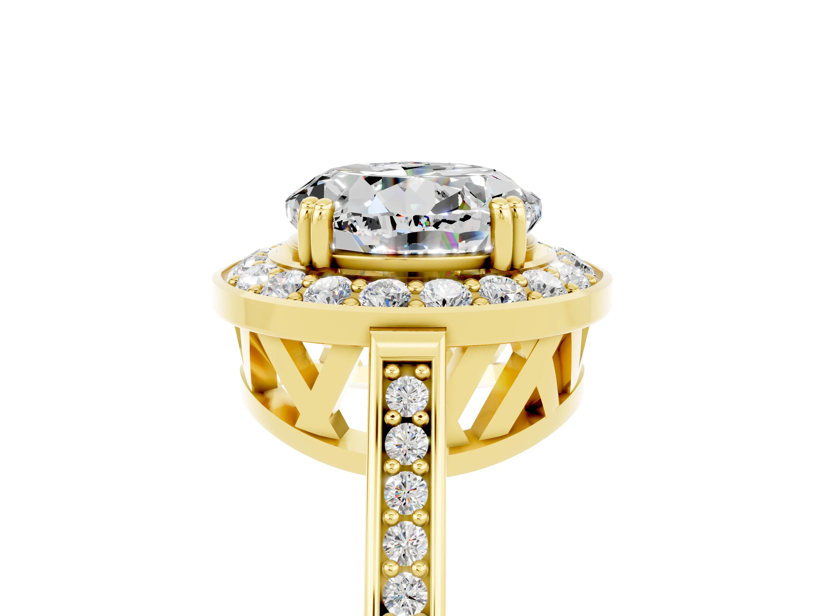 Yellow gold {shape_name} Moissanite Halo Ring with Split Shank and Four-Prong Setting_5