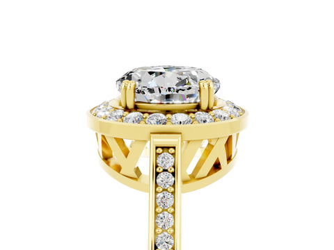 Yellow gold {shape_name} Moissanite Halo Ring with Split Shank and Four-Prong Setting_5