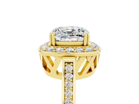 Yellow gold {shape_name} Moissanite Halo Ring with Split Shank and Four-Prong Setting_5