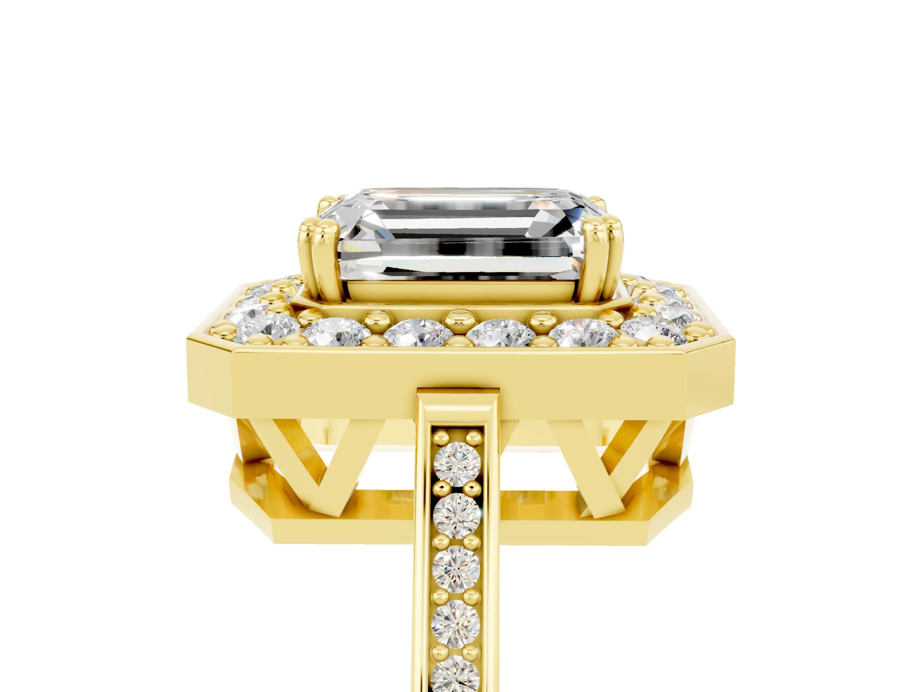 Yellow gold {shape_name} Moissanite Halo Ring with Split Shank and Four-Prong Setting_5