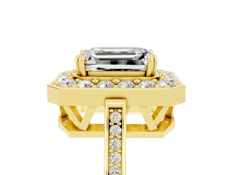 Yellow gold {shape_name} Moissanite Halo Ring with Split Shank and Four-Prong Setting_5