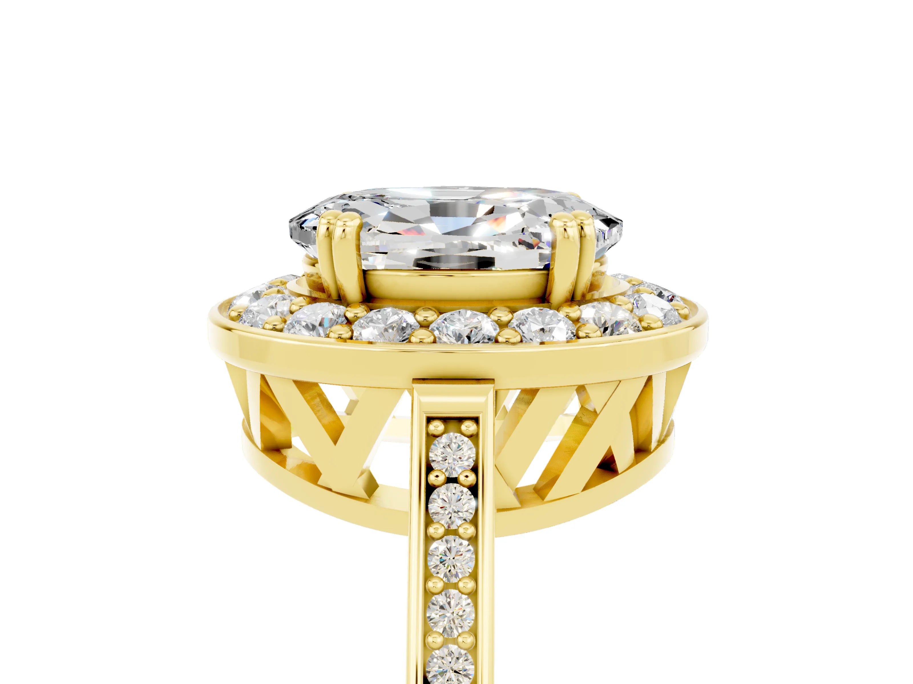 Yellow gold {shape_name} Moissanite Halo Ring with Split Shank and Four-Prong Setting_5