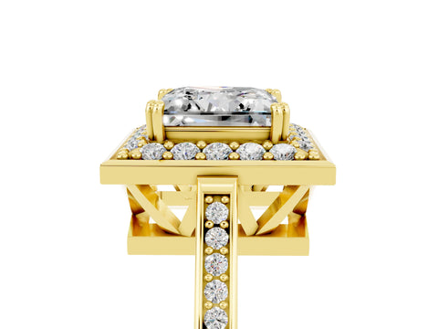 Yellow gold {shape_name} Moissanite Halo Ring with Split Shank and Four-Prong Setting_5