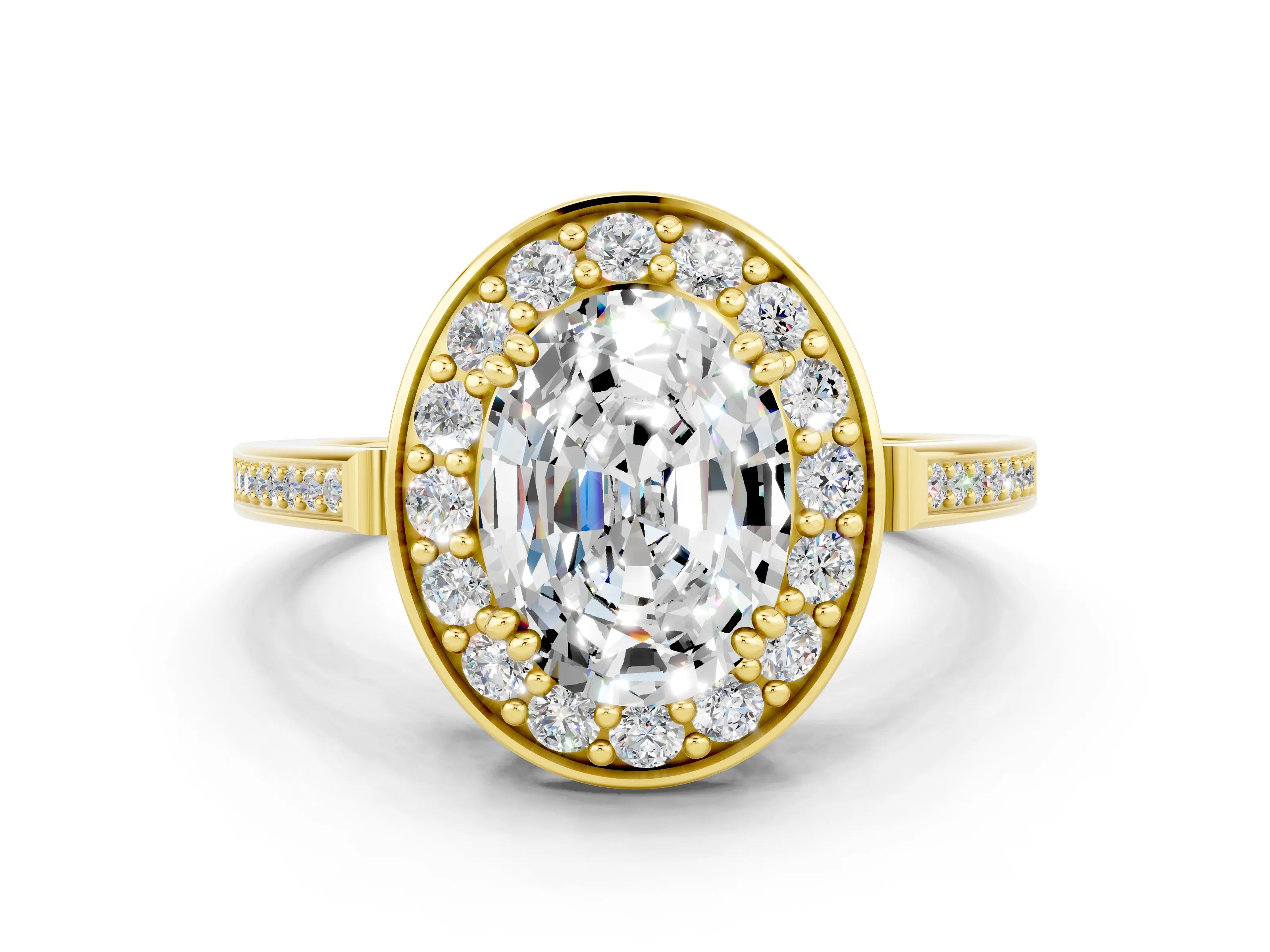 Yellow gold {shape_name} Moissanite Halo Ring with Split Shank and Four-Prong Setting