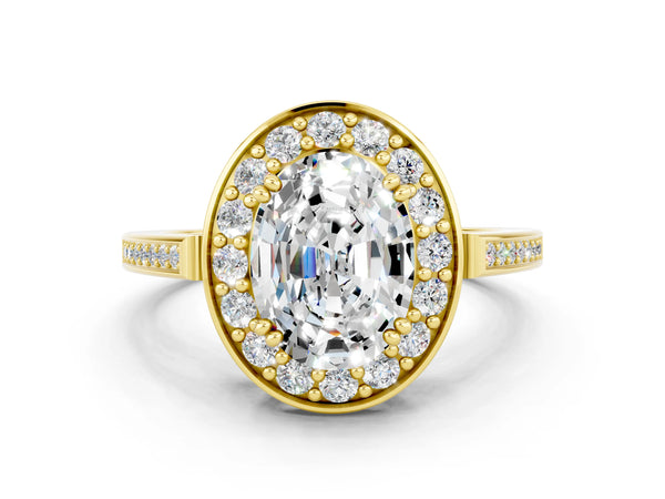 Yellow gold Oval Cut Moissanite Halo Ring with Split Shank and Four-Prong Setting
