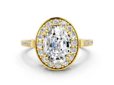 Yellow gold {shape_name} Moissanite Halo Ring with Split Shank and Four-Prong Setting