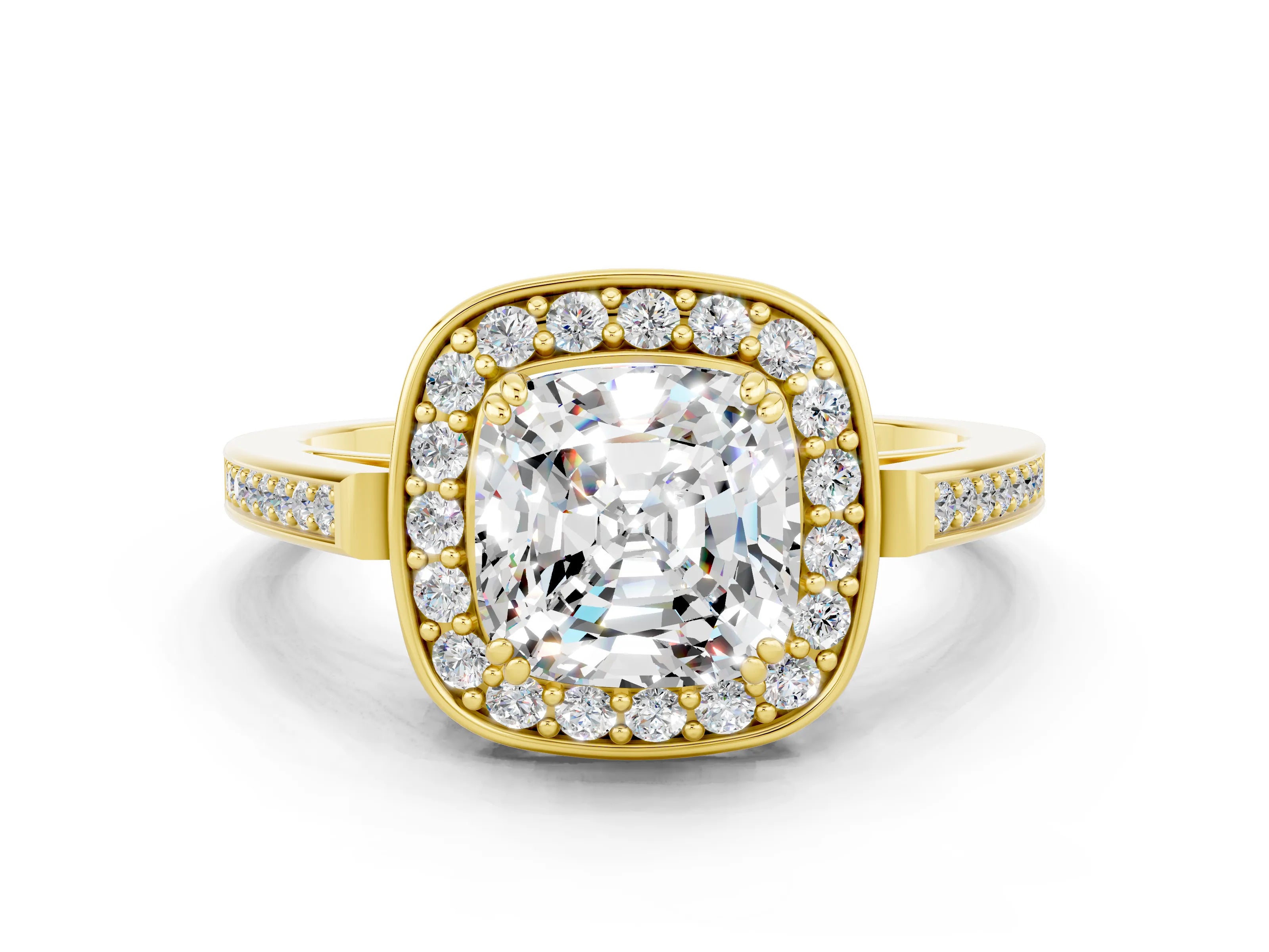 Yellow gold {shape_name} Moissanite Halo Ring with Split Shank and Four-Prong Setting