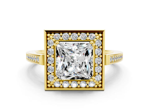 Yellow gold {shape_name} Moissanite Halo Ring with Split Shank and Four-Prong Setting