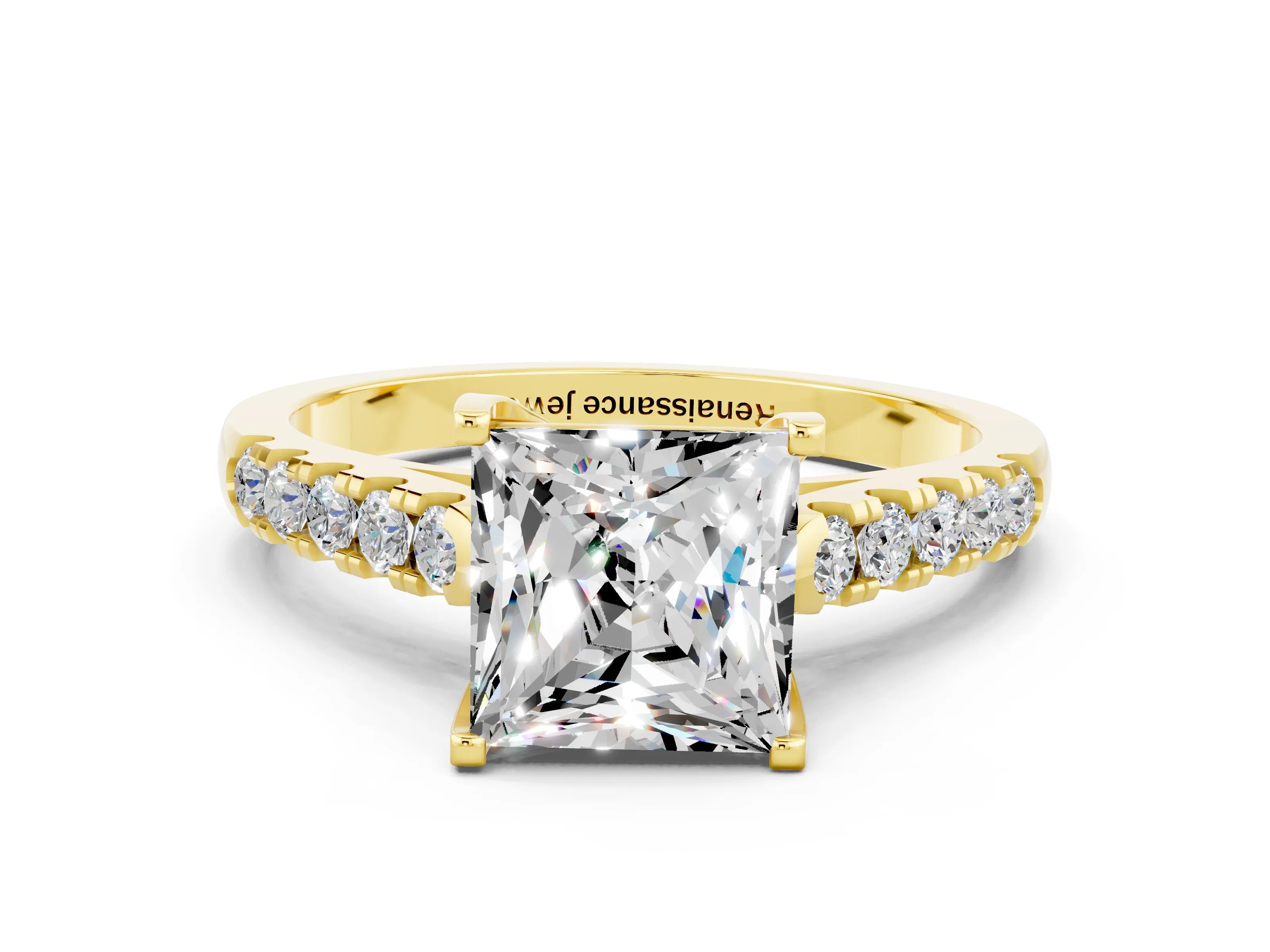 Yellow gold {shape_name} Moissanite Solitaire Ring with Pavé Band and Four-Prong Setting