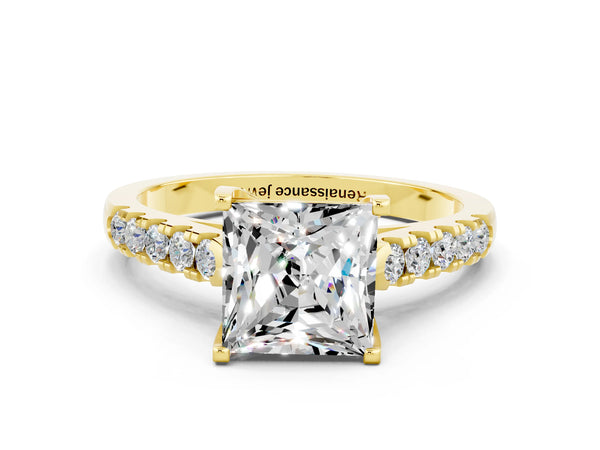 Yellow gold Princess Cut Moissanite Pavé Band Solitaire Ring with Prong Setting