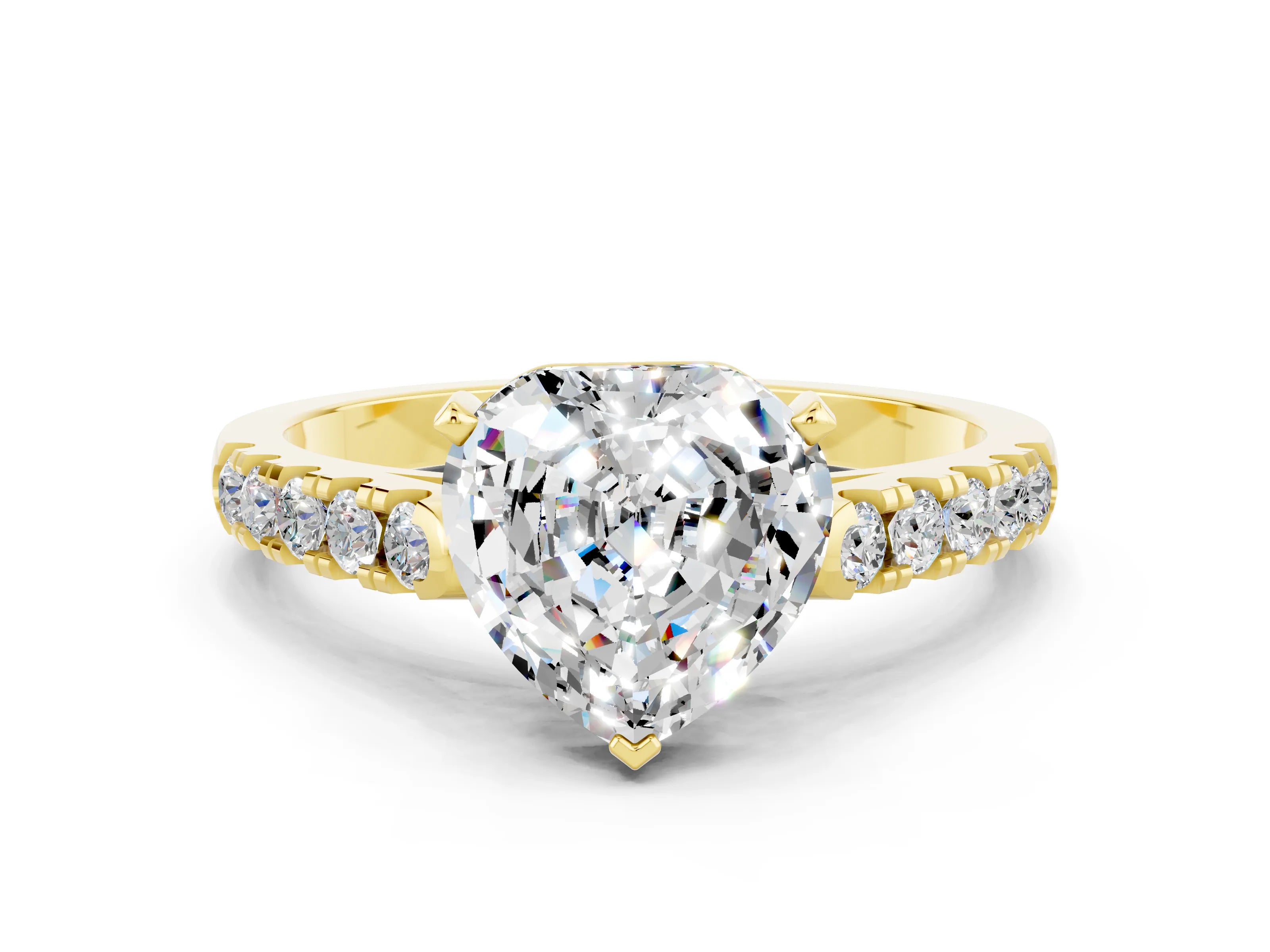 Yellow gold {shape_name} Moissanite Solitaire Ring with Pavé Band and Four-Prong Setting
