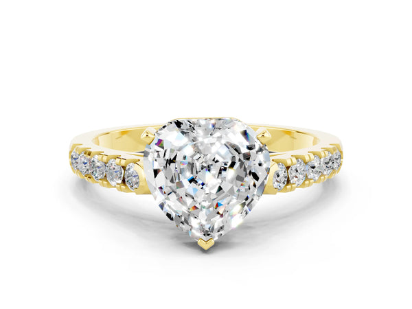 Yellow gold Heart Cut Moissanite Pavé Band Solitaire Ring with Prong Setting