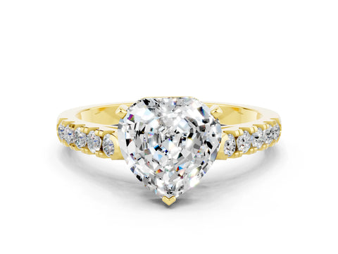 Yellow gold {shape_name} Moissanite Solitaire Ring with Pavé Band and Four-Prong Setting