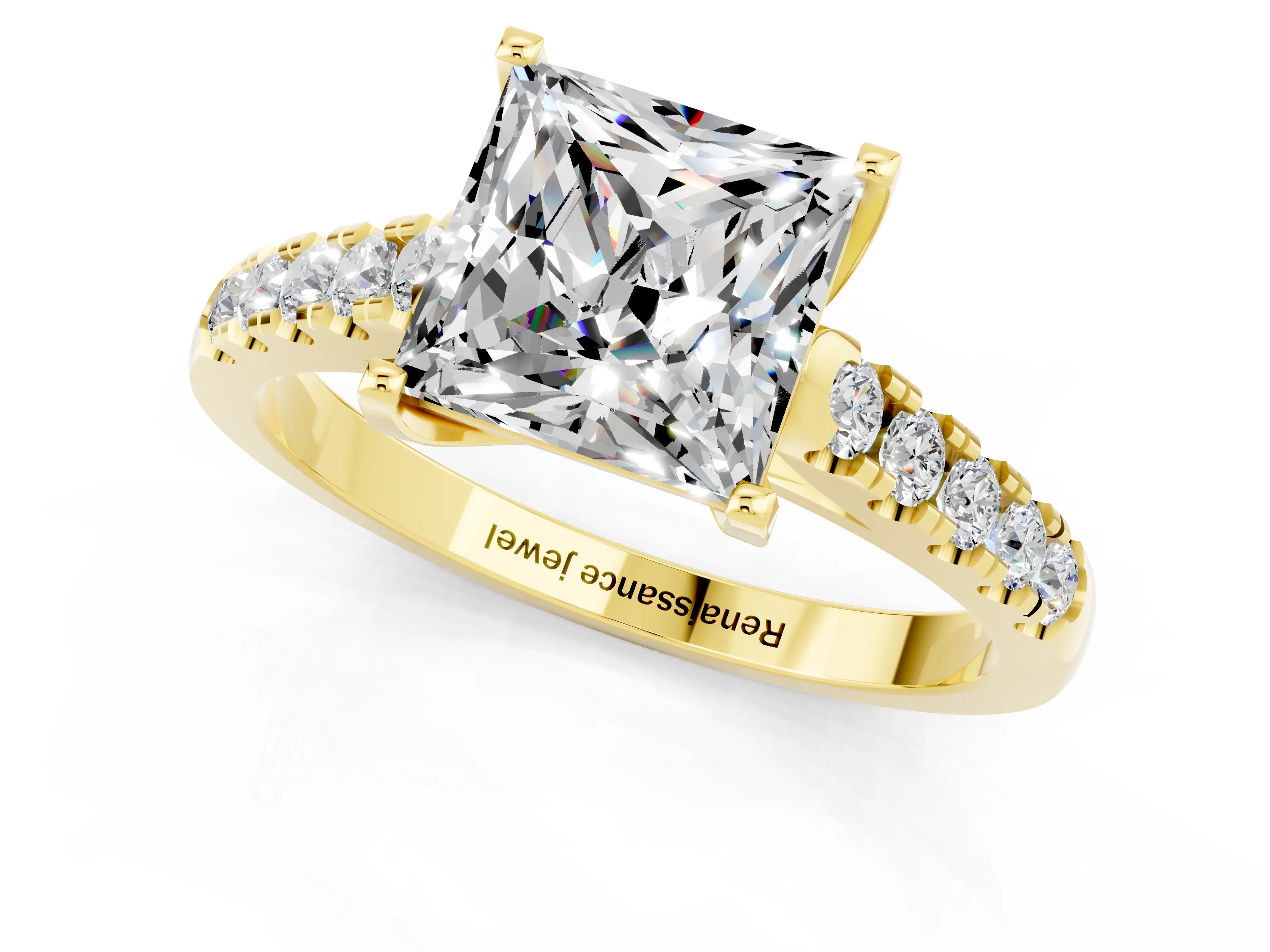 Yellow gold {shape_name} Moissanite Solitaire Ring with Pavé Band and Four-Prong Setting_1