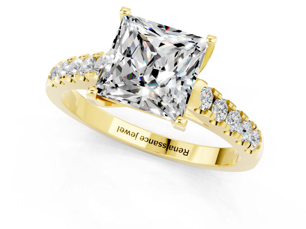 Yellow gold Princess Cut Moissanite Pavé Band Solitaire Ring with Prong Setting