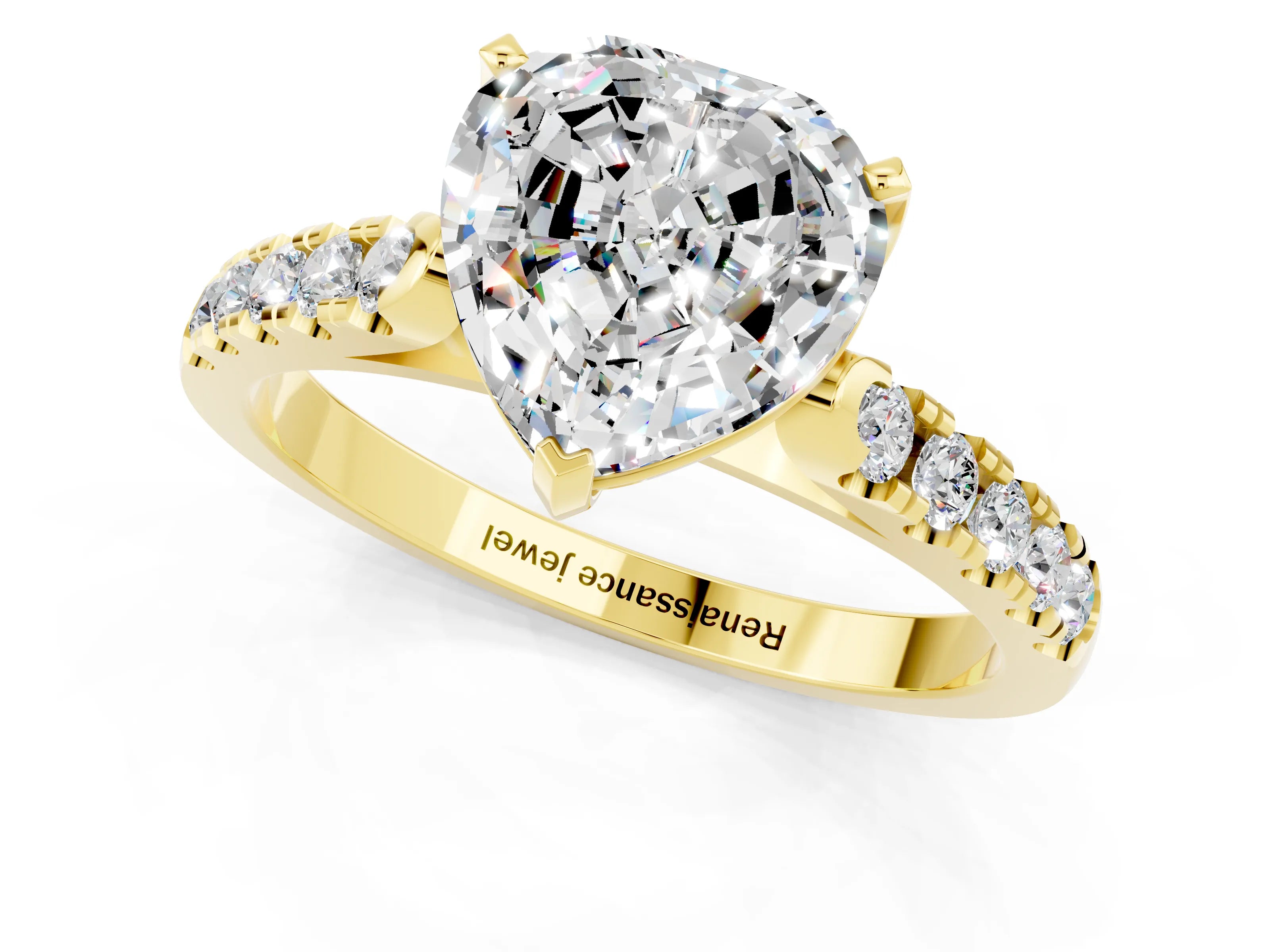 Yellow gold {shape_name} Moissanite Solitaire Ring with Pavé Band and Four-Prong Setting_1