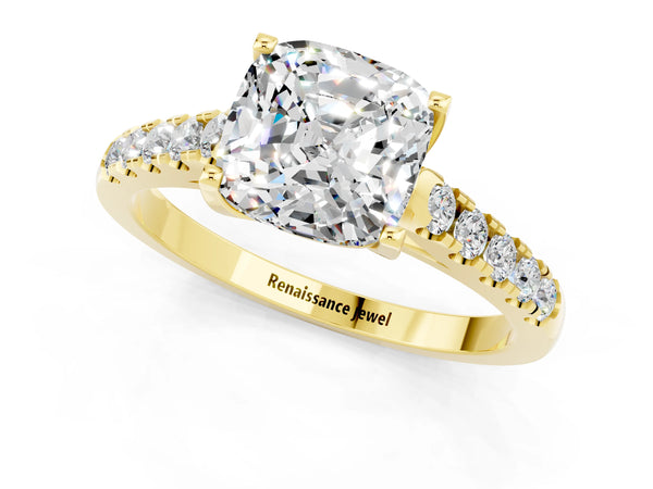 Yellow gold Cushion Cut Moissanite Pavé Band Solitaire Ring with Prong Setting