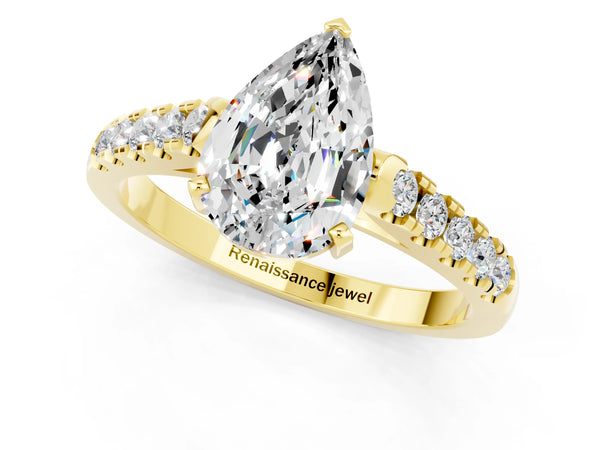 Yellow gold Pear Cut Moissanite Pavé Band Solitaire Ring with Prong Setting