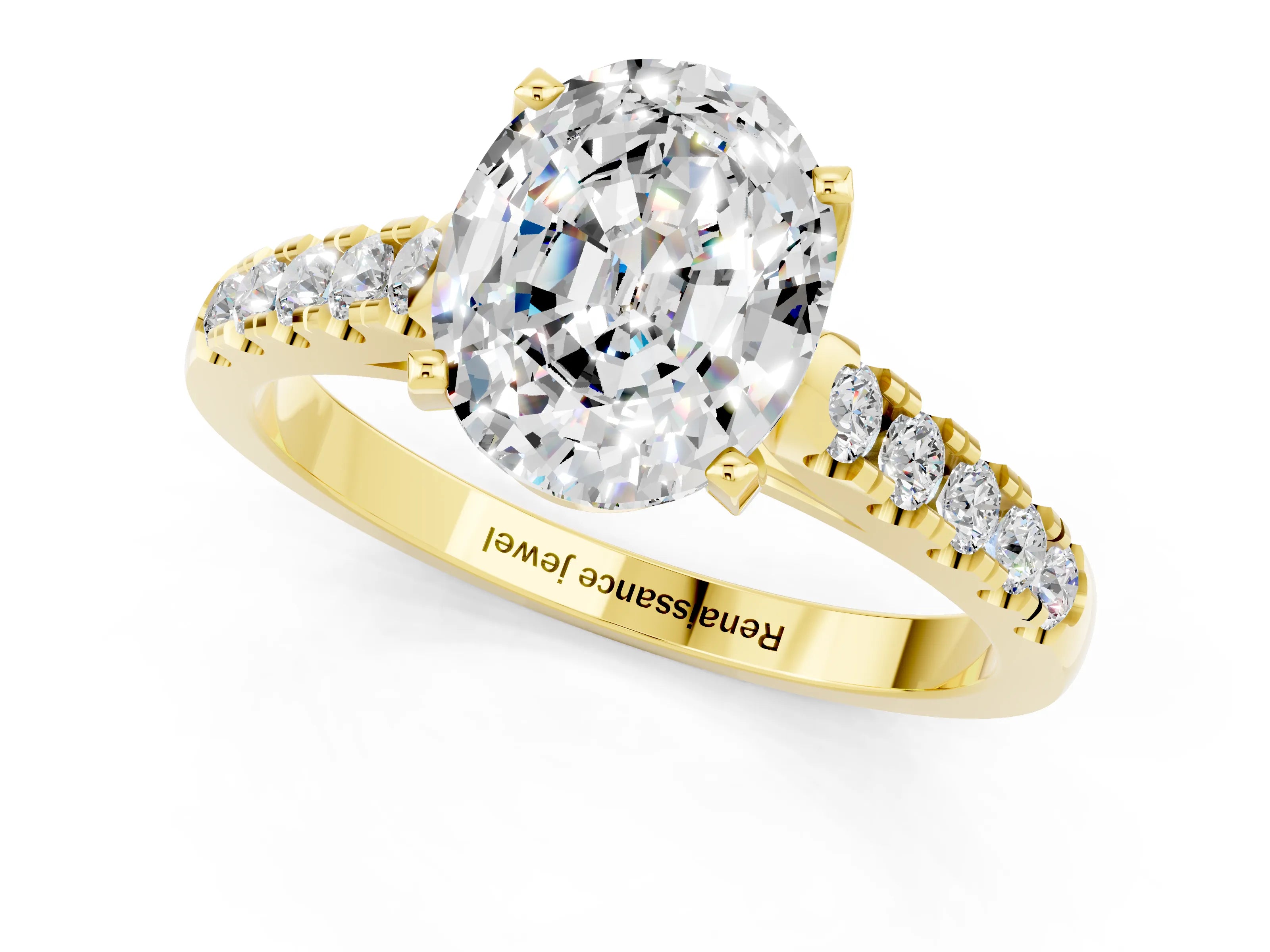 Yellow gold {shape_name} Moissanite Solitaire Ring with Pavé Band and Four-Prong Setting_1