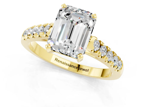 Yellow gold {shape_name} Moissanite Solitaire Ring with Pavé Band and Four-Prong Setting_1
