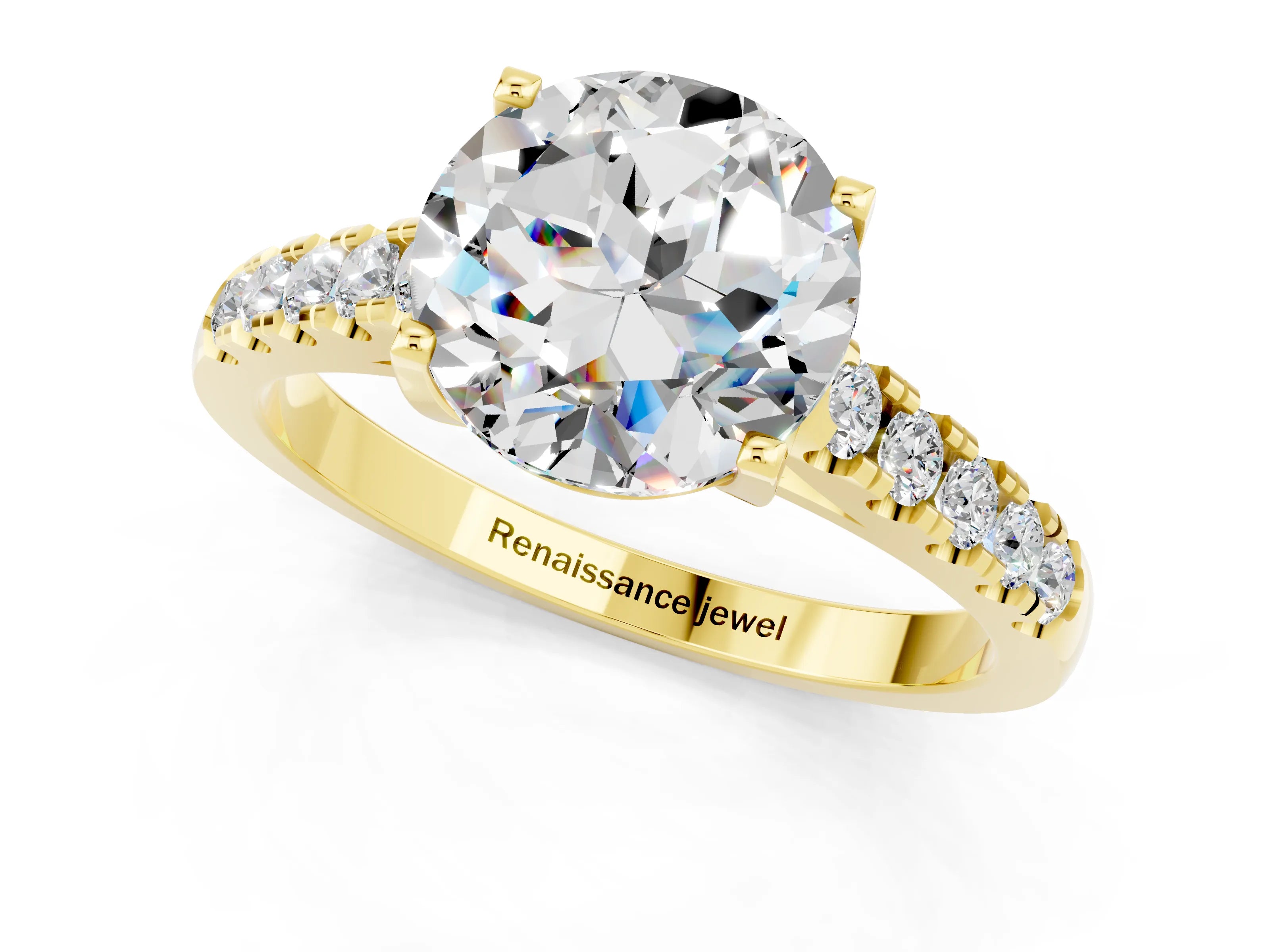 Yellow gold {shape_name} Moissanite Solitaire Ring with Pavé Band and Four-Prong Setting_1