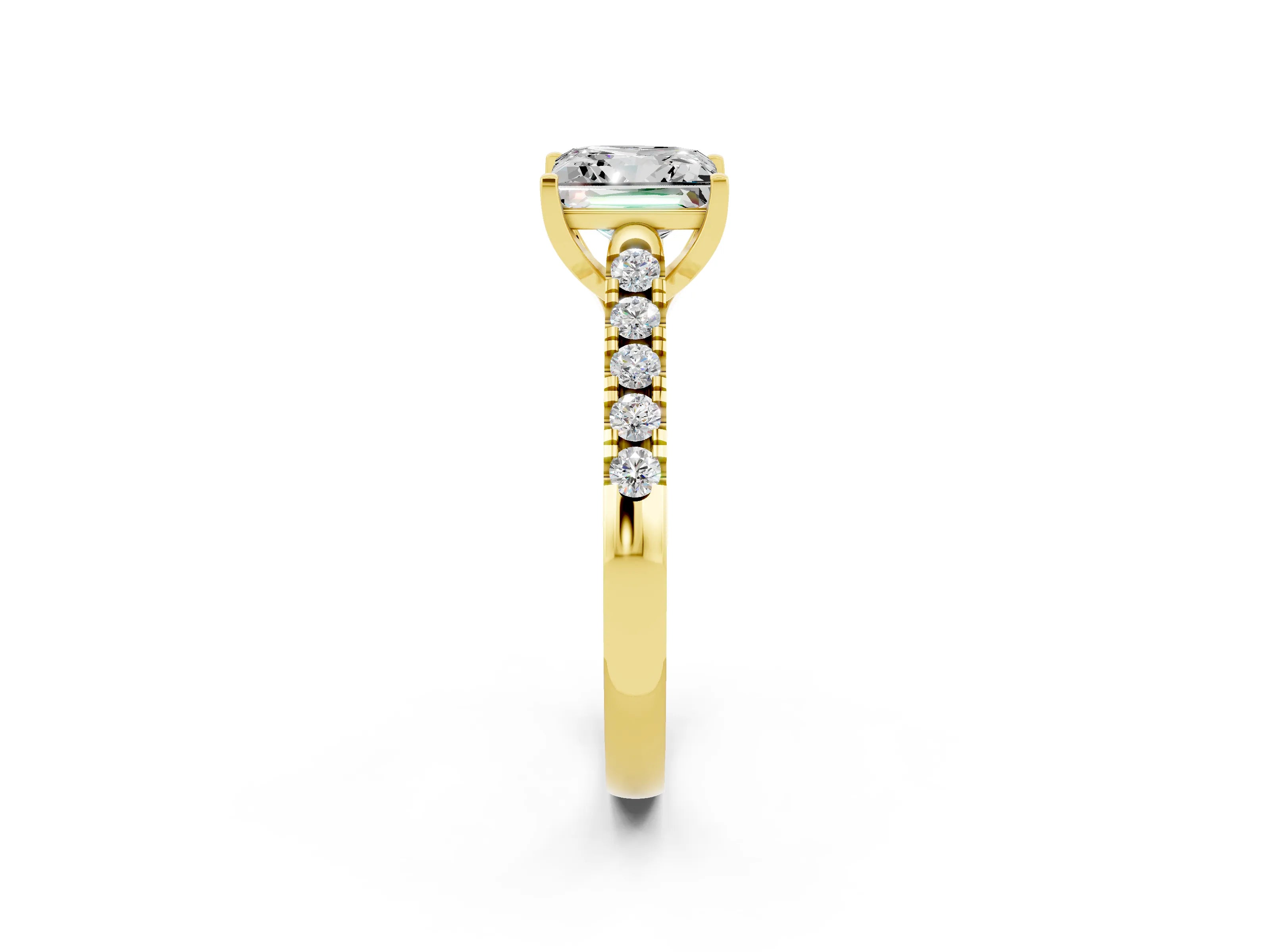 Yellow gold {shape_name} Moissanite Solitaire Ring with Pavé Band and Four-Prong Setting_2