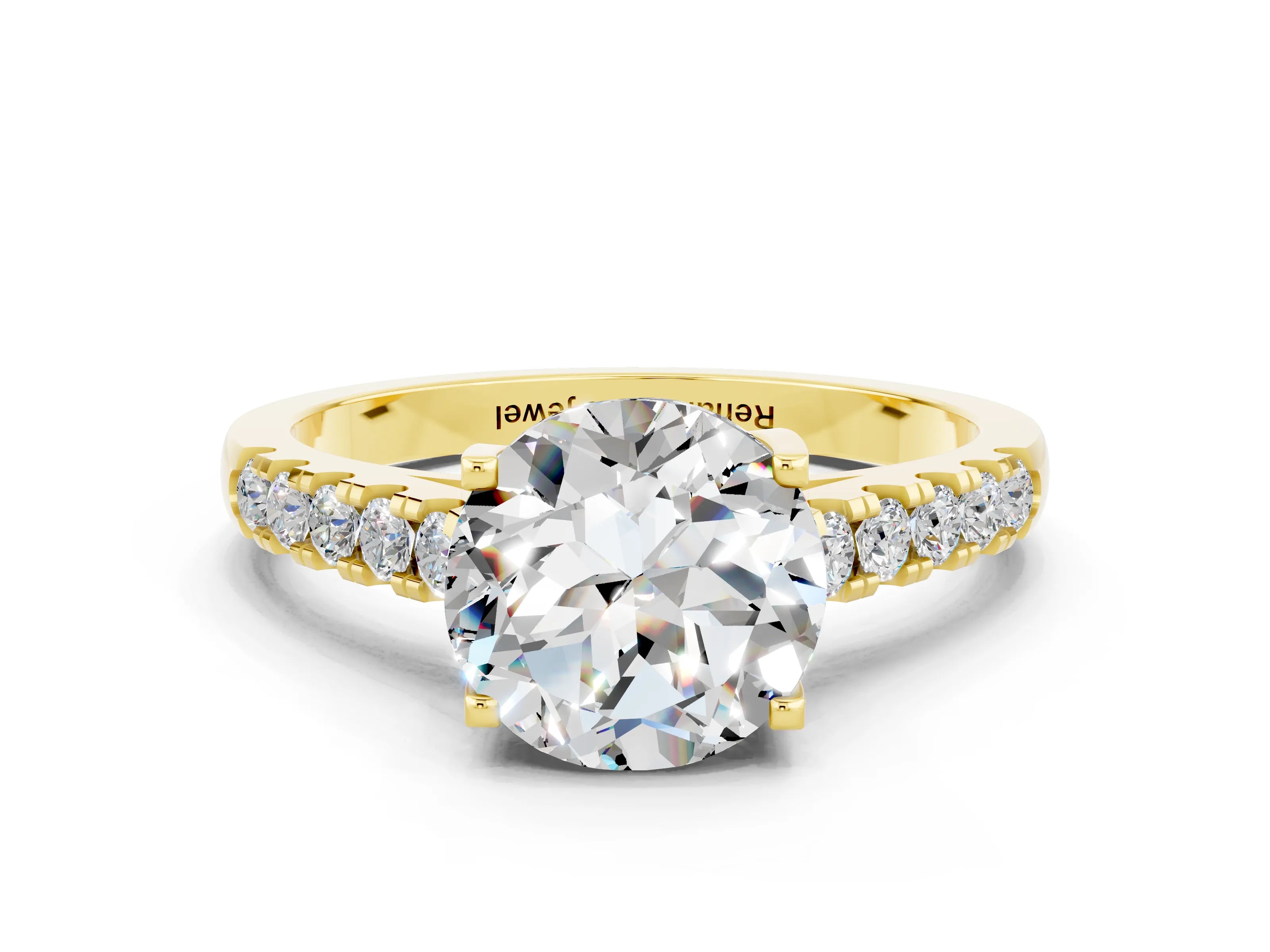 Yellow gold {shape_name} Moissanite Solitaire Ring with Pavé Band and Four-Prong Setting