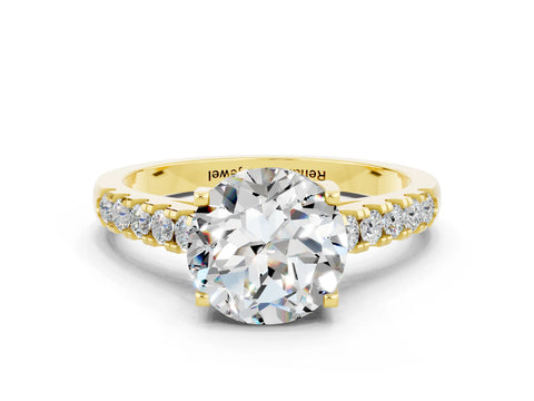 Yellow gold {shape_name} Moissanite Solitaire Ring with Pavé Band and Four-Prong Setting