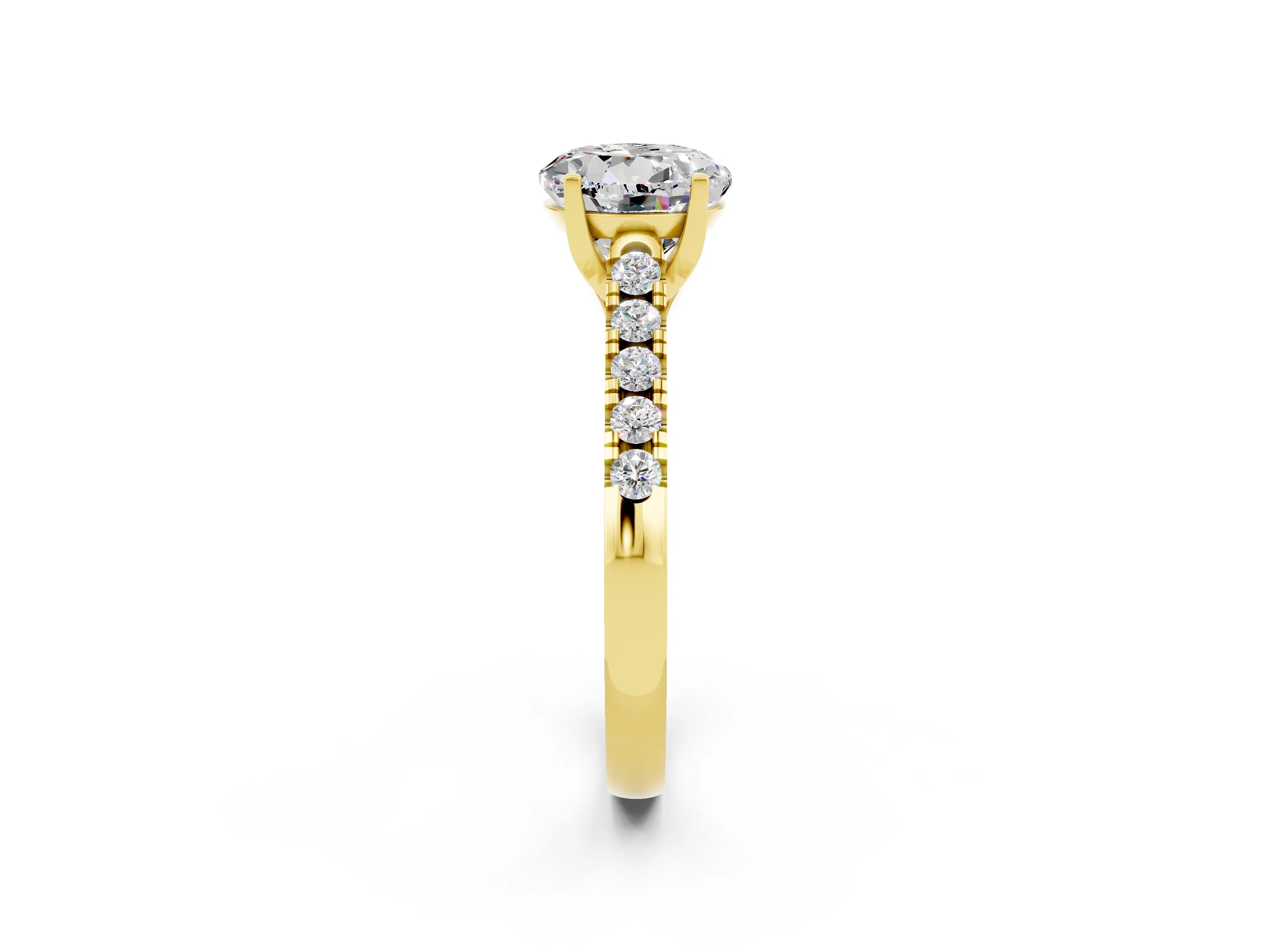 Yellow gold {shape_name} Moissanite Solitaire Ring with Pavé Band and Four-Prong Setting_2