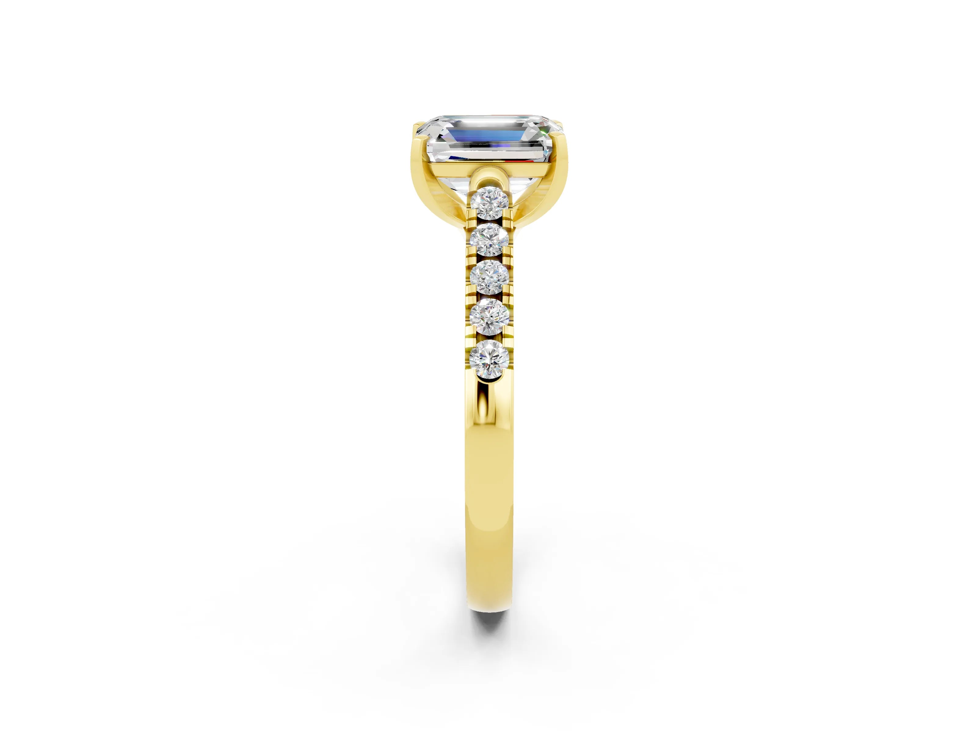 Yellow gold {shape_name} Moissanite Solitaire Ring with Pavé Band and Four-Prong Setting_2