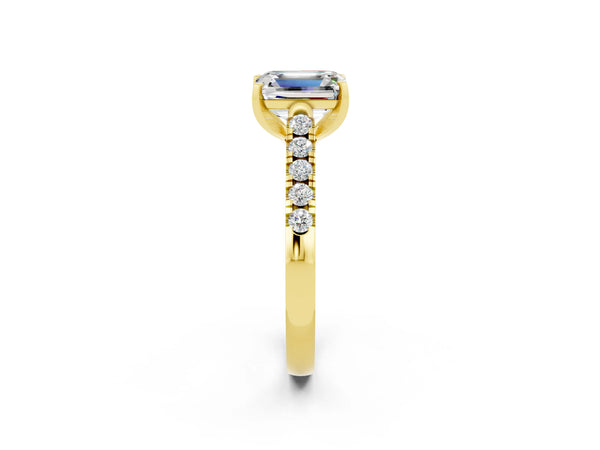 Yellow gold Emerald Cut Moissanite Pavé Band Solitaire Ring with Prong Setting