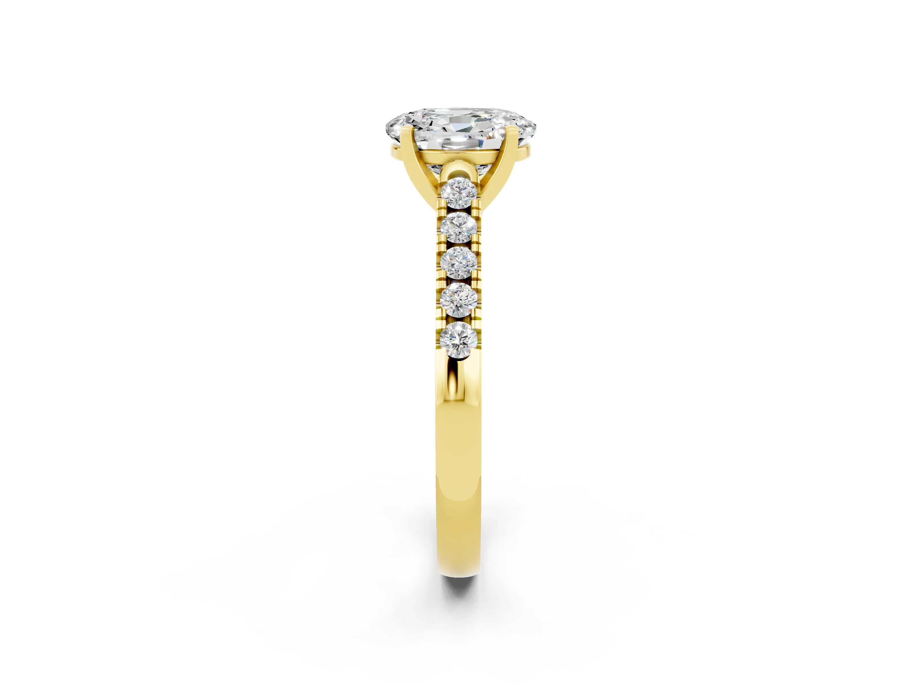 Yellow gold {shape_name} Moissanite Solitaire Ring with Pavé Band and Four-Prong Setting_2