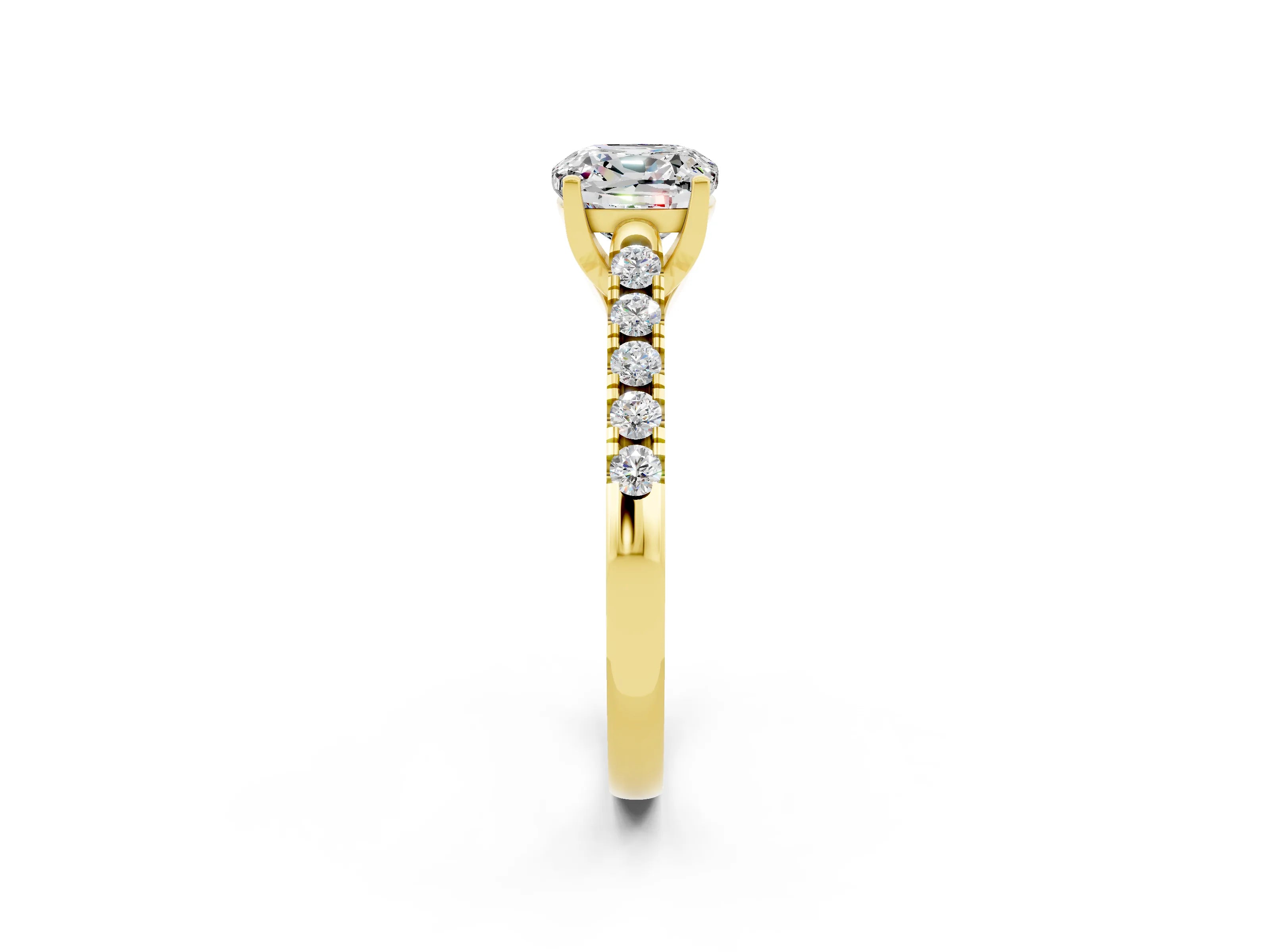 Yellow gold {shape_name} Moissanite Solitaire Ring with Pavé Band and Four-Prong Setting_2