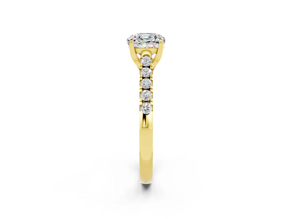 Yellow gold Cushion Cut Moissanite Pavé Band Solitaire Ring with Prong Setting