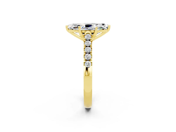 Yellow gold Marquise Cut Moissanite Pavé Band Solitaire Ring with Prong Setting