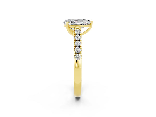 Yellow gold Pear Cut Moissanite Pavé Band Solitaire Ring with Prong Setting
