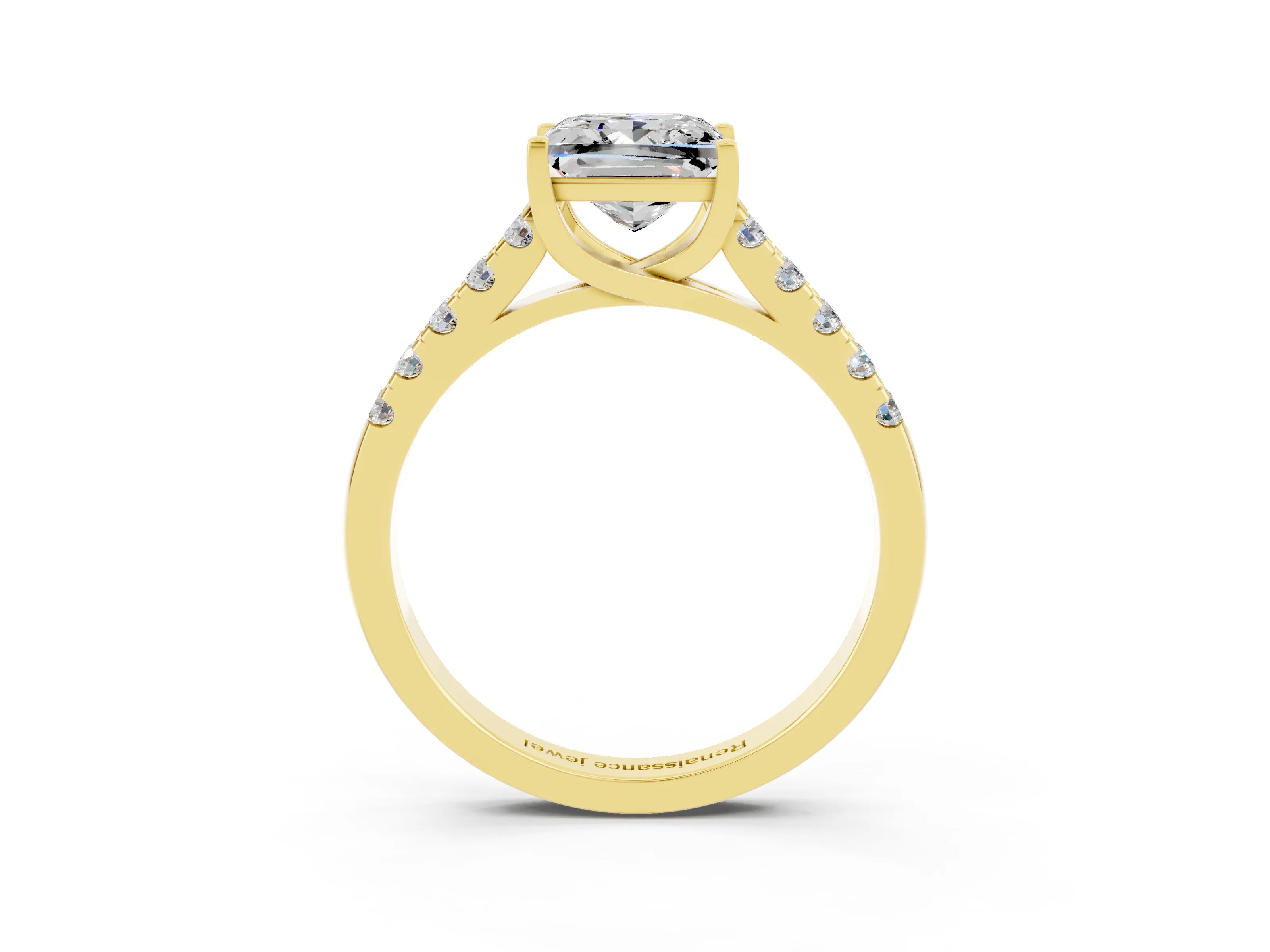 Yellow gold {shape_name} Moissanite Solitaire Ring with Pavé Band and Four-Prong Setting_3