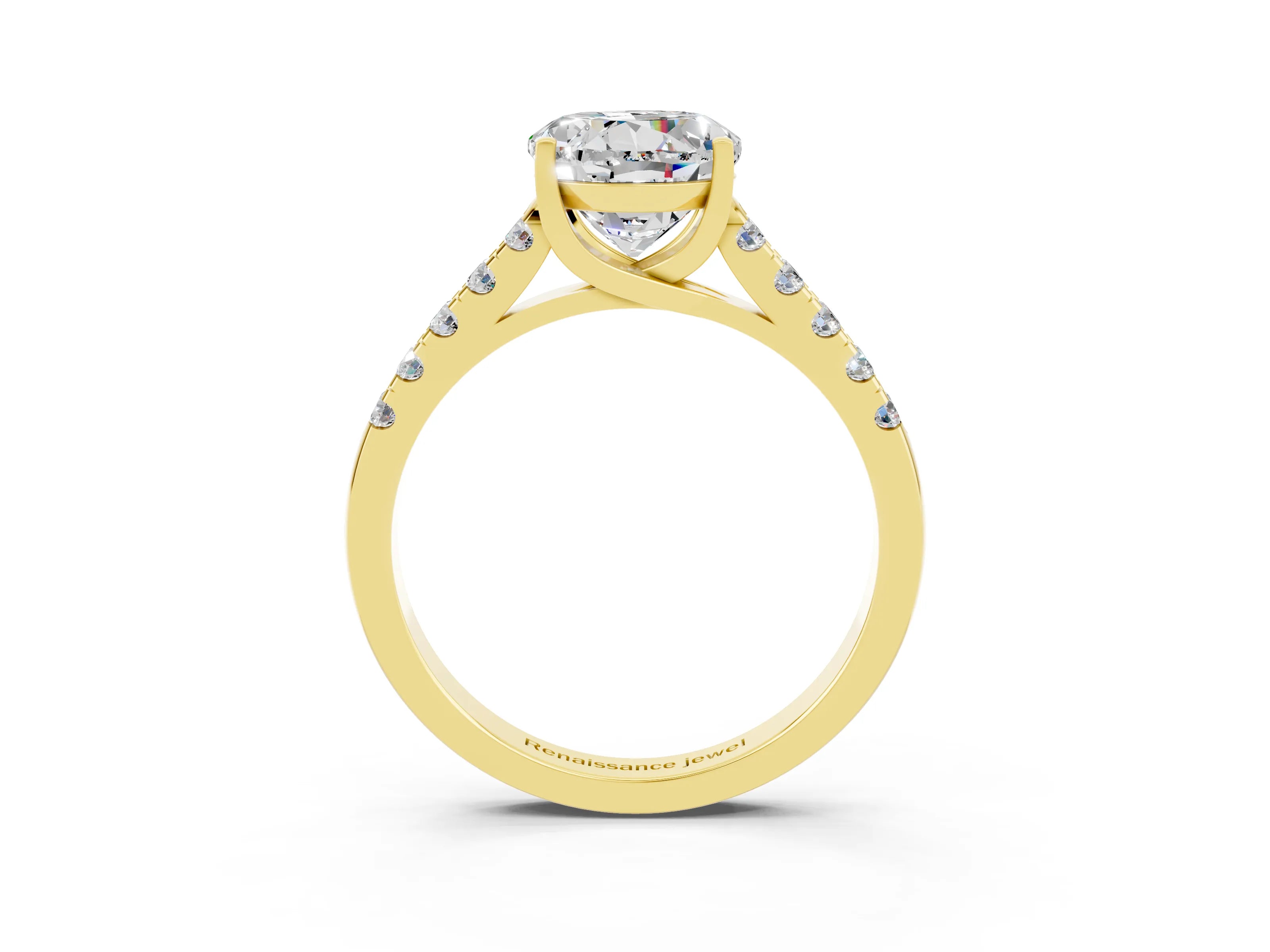 Yellow gold {shape_name} Moissanite Solitaire Ring with Pavé Band and Four-Prong Setting_3