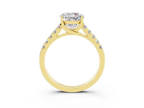 Yellow gold Round Cut Moissanite Pavé Band Solitaire Ring with Prong Setting