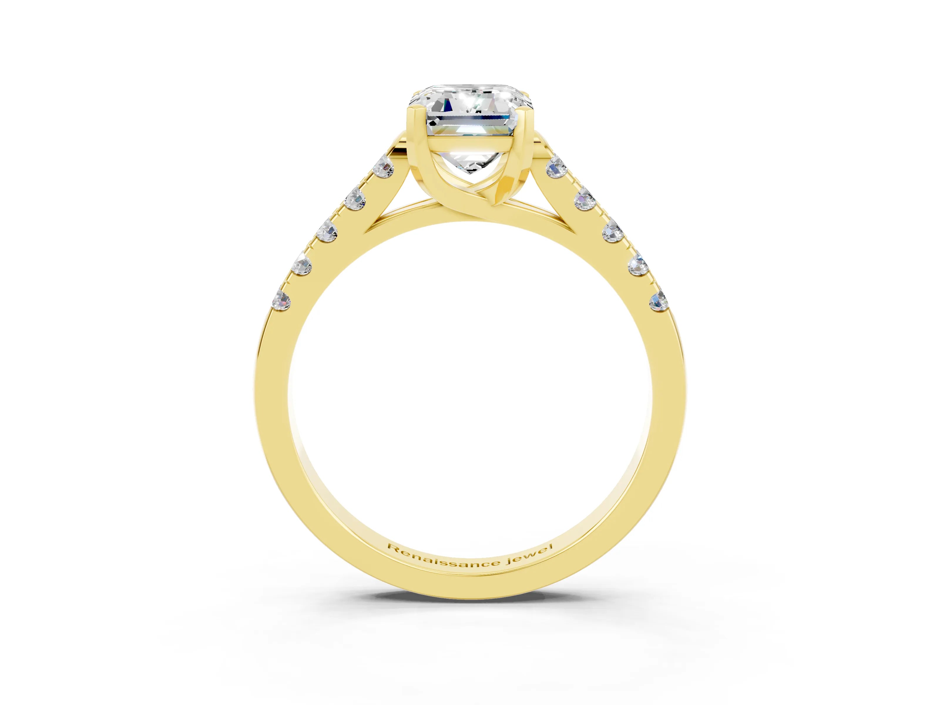Yellow gold {shape_name} Moissanite Solitaire Ring with Pavé Band and Four-Prong Setting_3