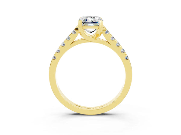 Yellow gold Emerald Cut Moissanite Pavé Band Solitaire Ring with Prong Setting
