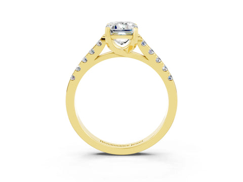 Yellow gold {shape_name} Moissanite Solitaire Ring with Pavé Band and Four-Prong Setting_3
