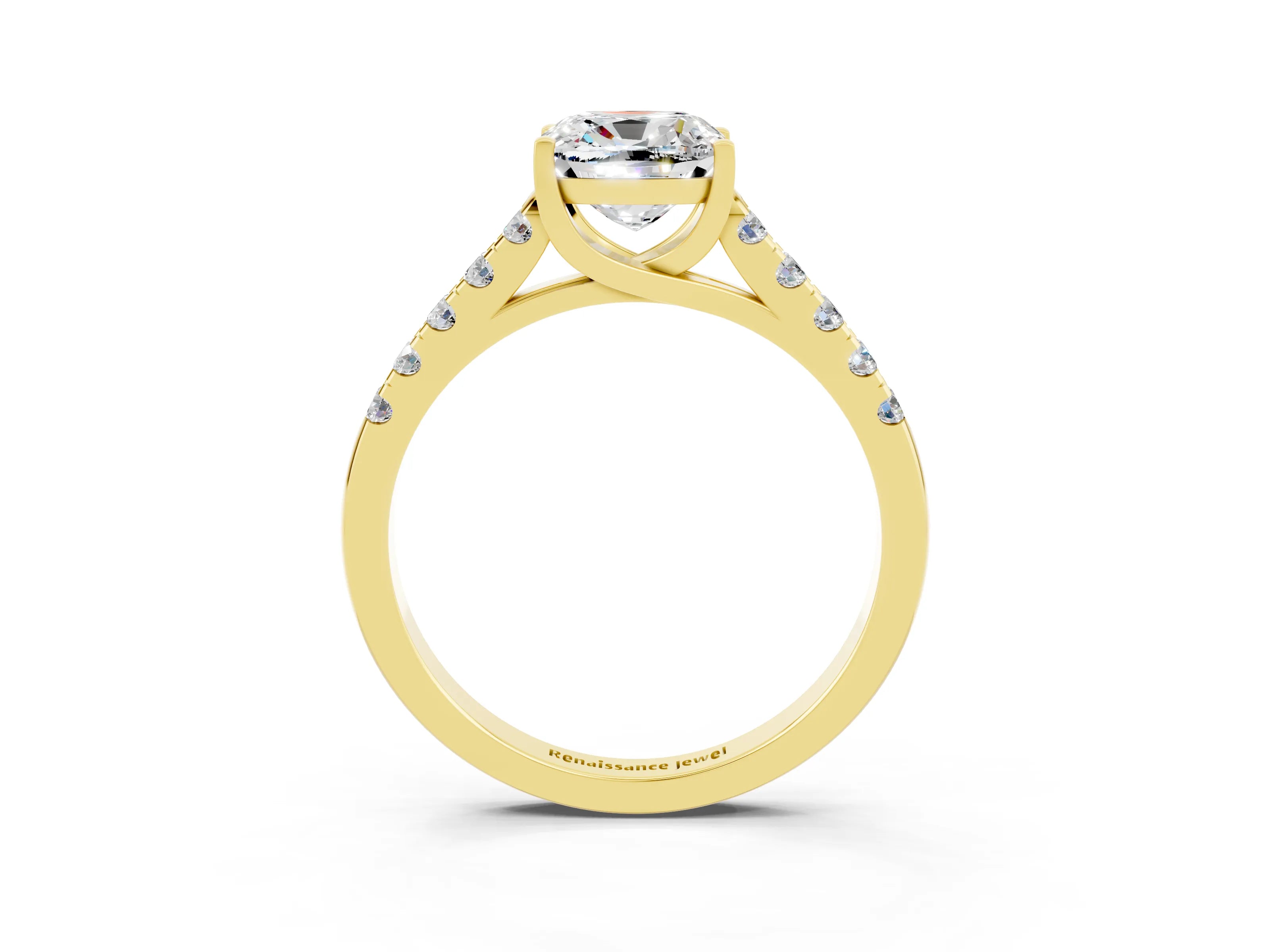 Yellow gold {shape_name} Moissanite Solitaire Ring with Pavé Band and Four-Prong Setting_3