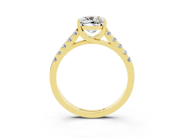 Yellow gold Cushion Cut Moissanite Pavé Band Solitaire Ring with Prong Setting