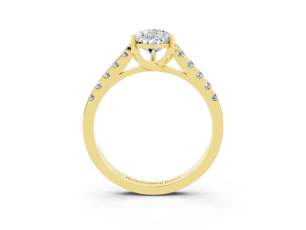 Yellow gold Pear Cut Moissanite Pavé Band Solitaire Ring with Prong Setting