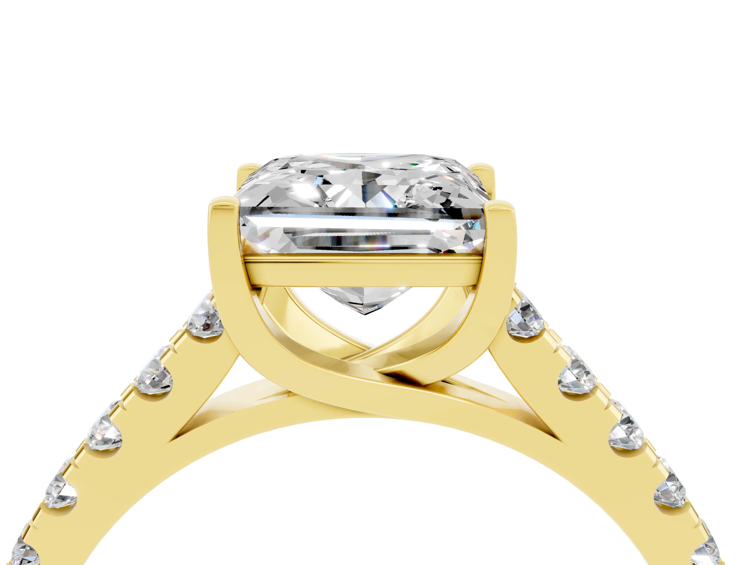 Yellow gold {shape_name} Moissanite Solitaire Ring with Pavé Band and Four-Prong Setting_4