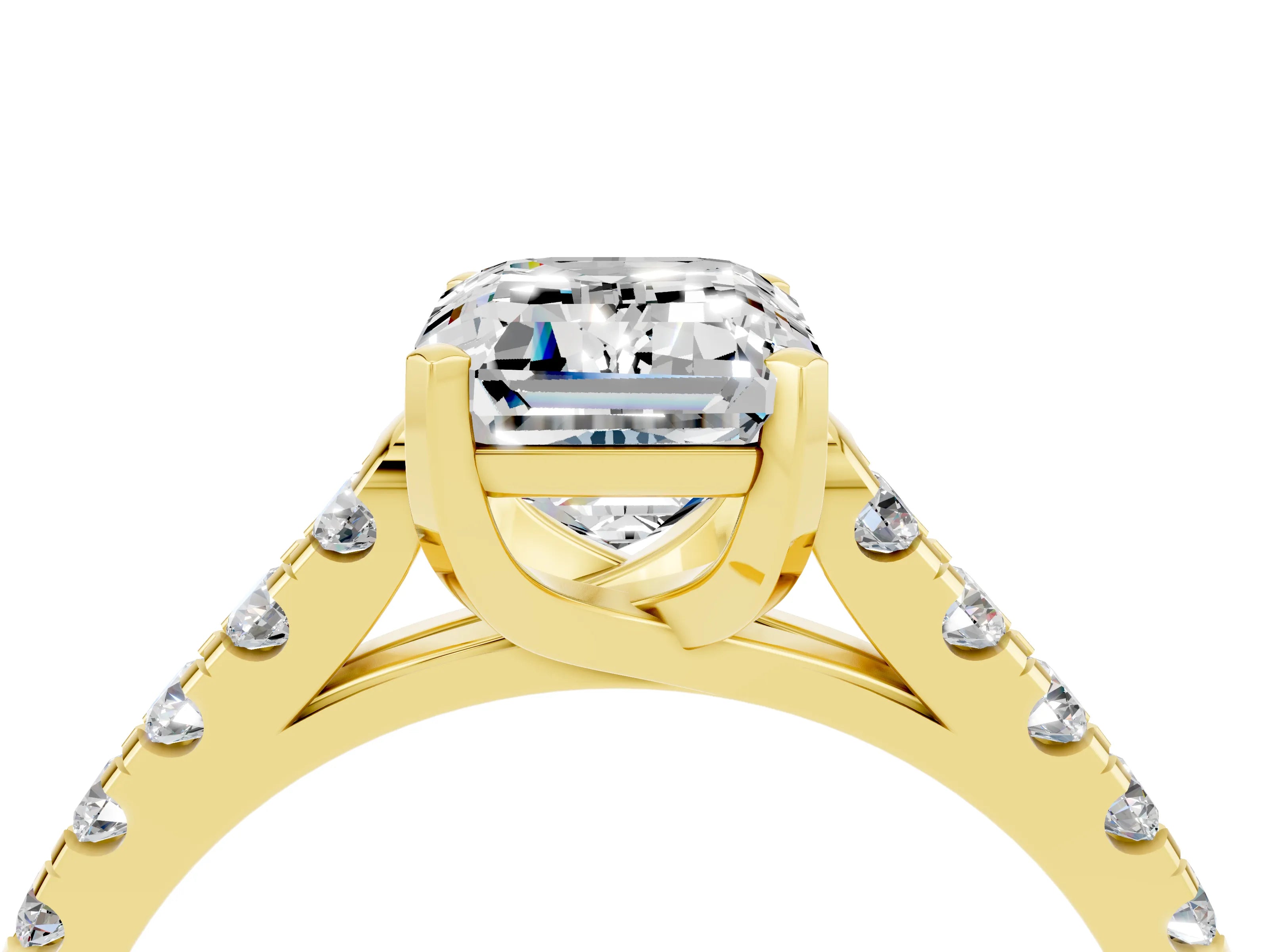 Yellow gold {shape_name} Moissanite Solitaire Ring with Pavé Band and Four-Prong Setting_4