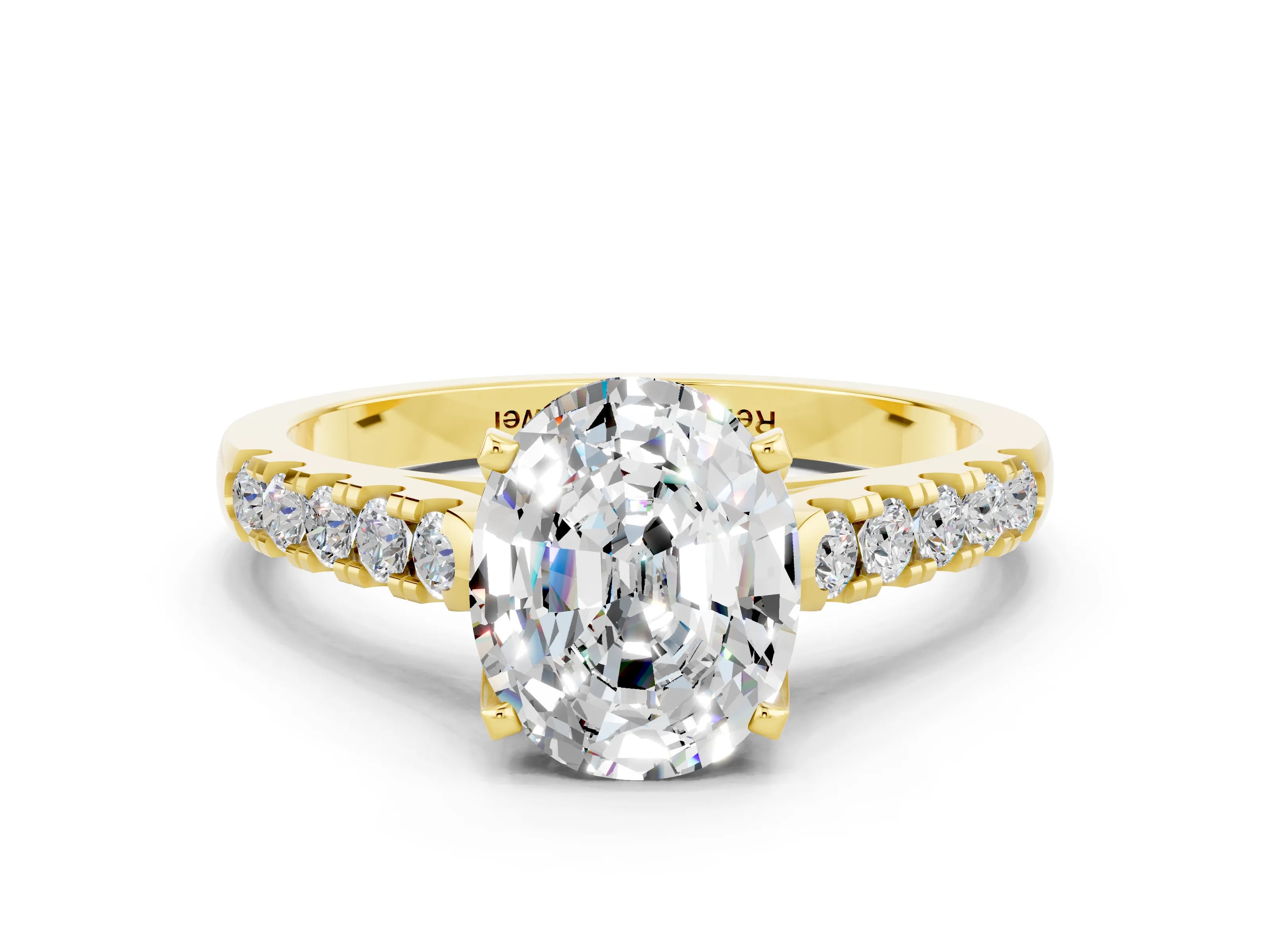 Yellow gold {shape_name} Moissanite Solitaire Ring with Pavé Band and Four-Prong Setting