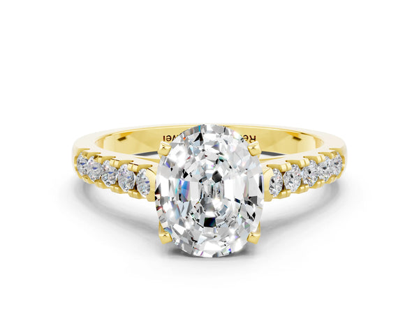 Yellow gold Oval Cut Moissanite Pavé Band Solitaire Ring with Prong Setting